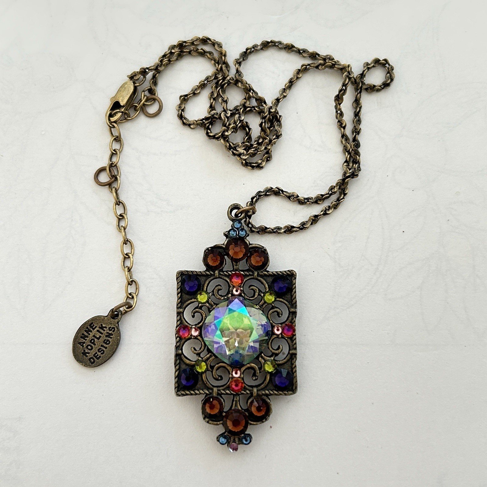 Anne Koplik Victorian Style Pendant Necklace Rhinestone / AB Crystal Center USA