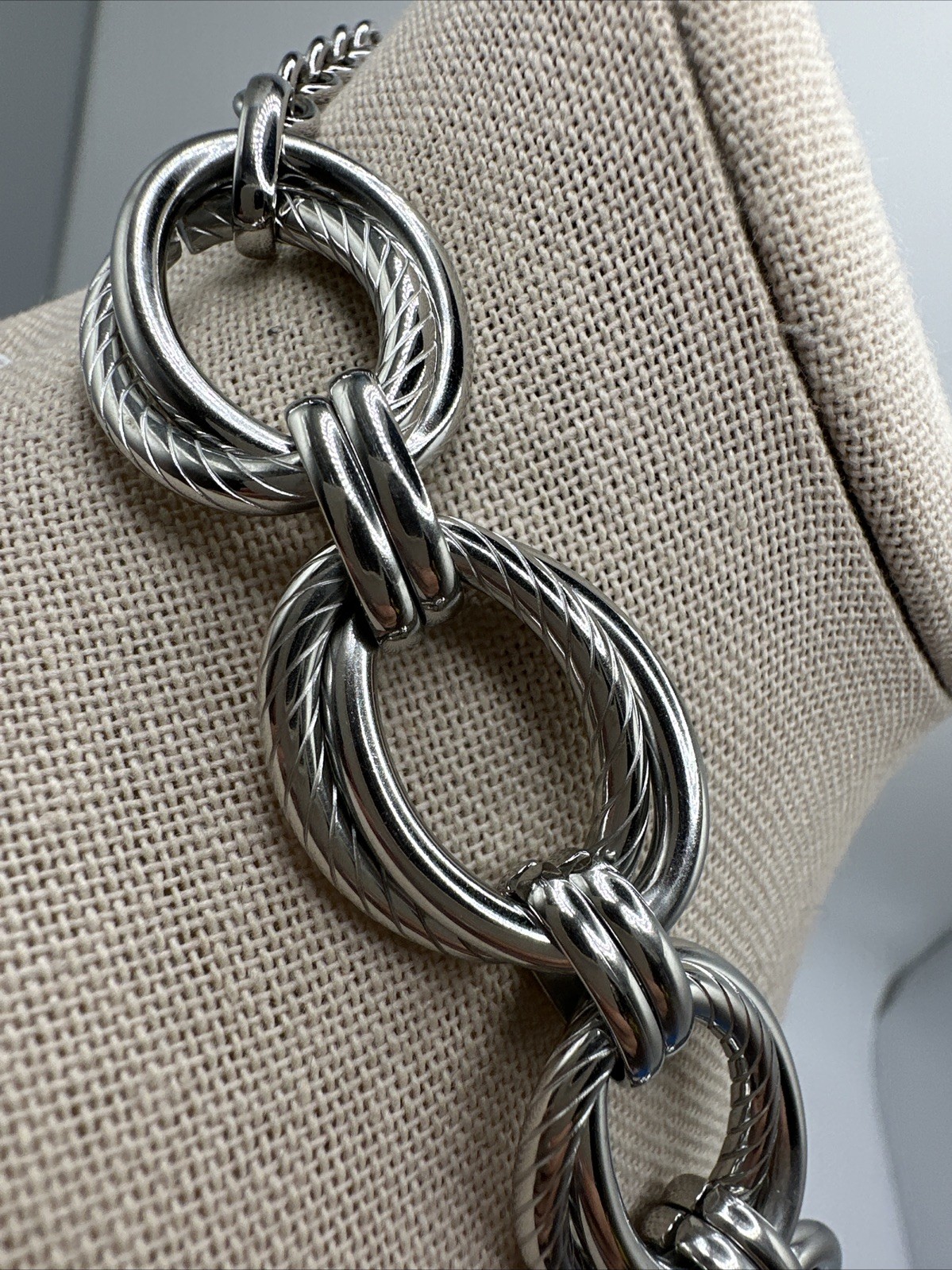 Chunky Signed Fashion Double Ring Link Stainless Steel Necklace Adjustable.