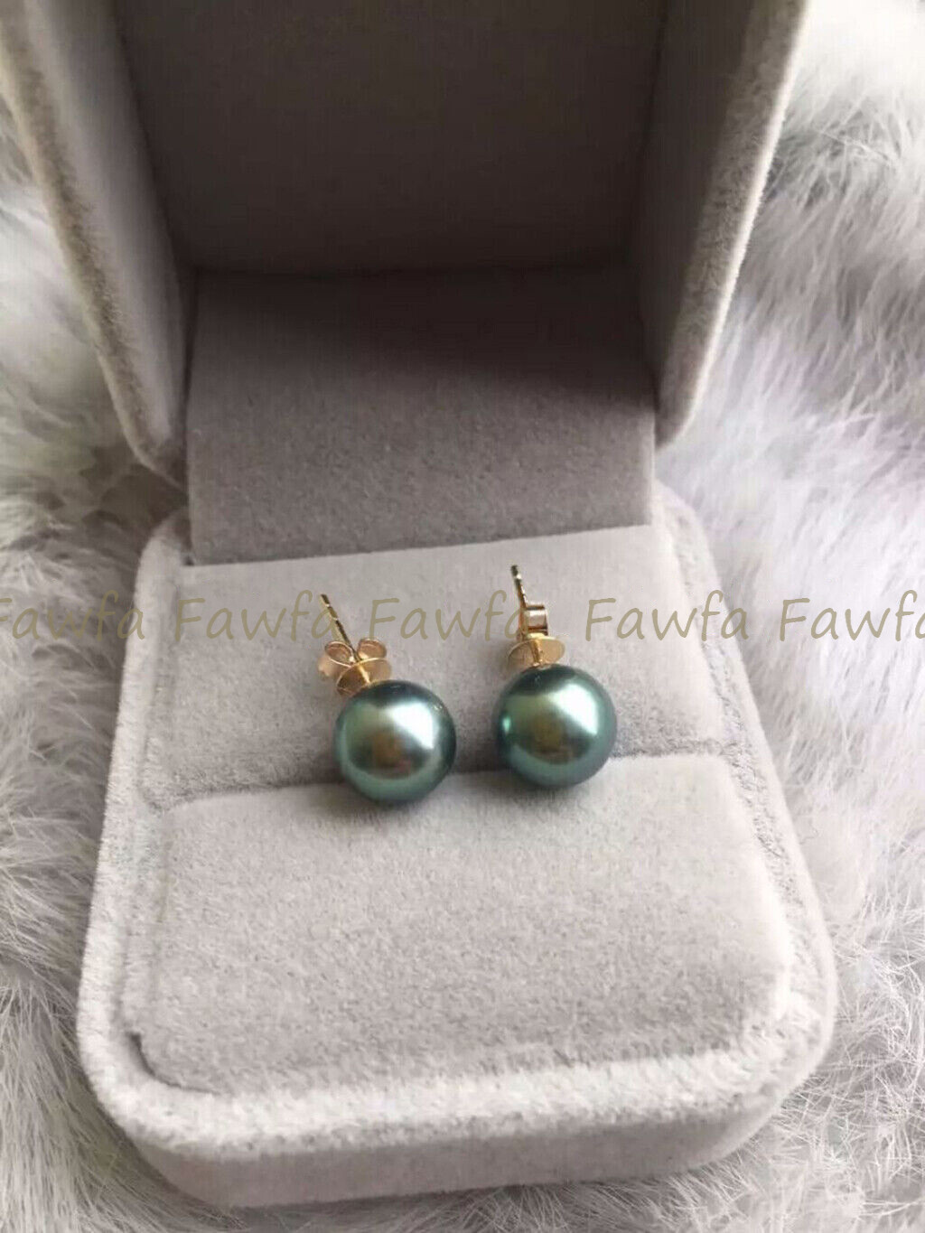11-12mm AAA Black Green Round Natural Tahitian Pearl Earrings 14K Yellow Gold