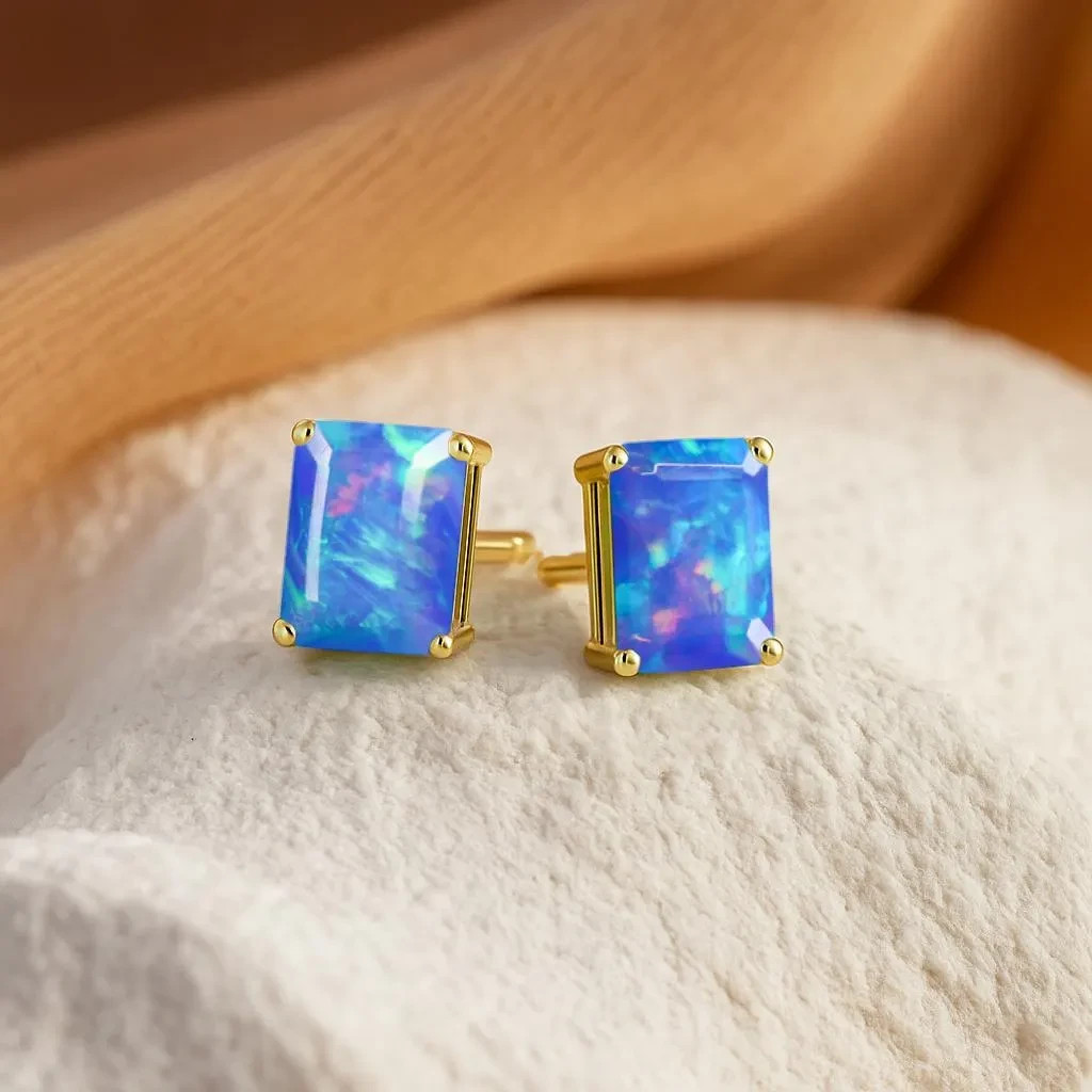 AAA Blue Opal Octagon Gemstone Stud Earring, Genuine Fire Opal Gemstone Gold Ear