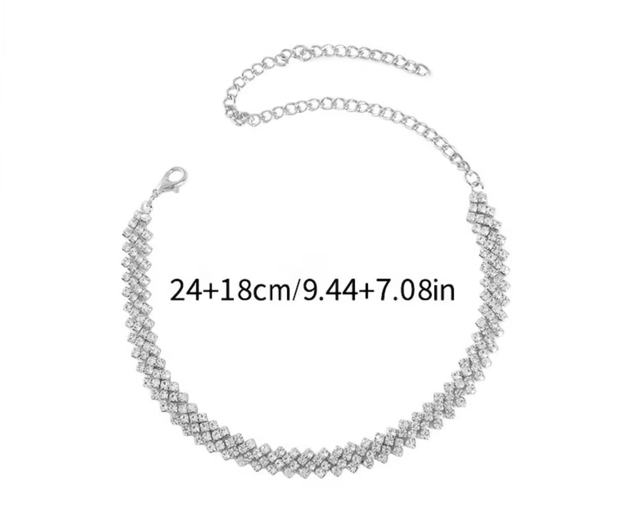 Silver Crystal Tennis Chain Necklace Round Prong Set Lobster Clasp 16.52in