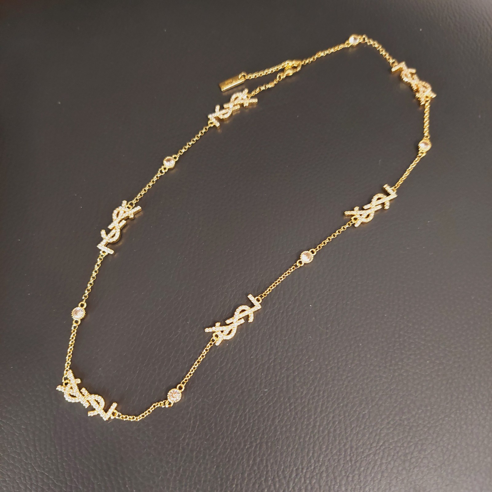 Auth. Yves Saint Laurent Signature YSL Logo Choker Crystal Studded Necklace