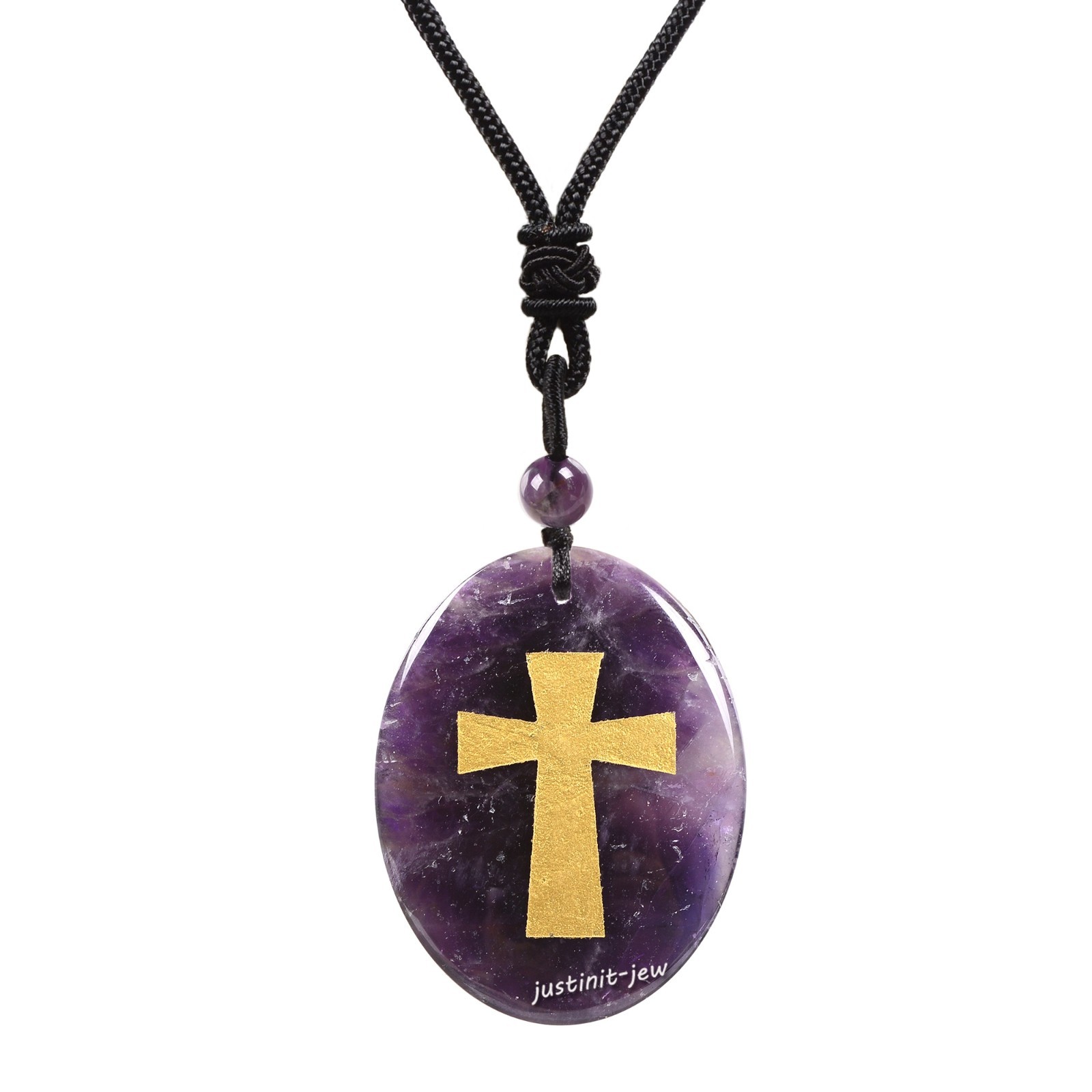45mm Thumb Worry Stone Gold Cross Crystal Healing Oval Pendant Bead Necklace 18″