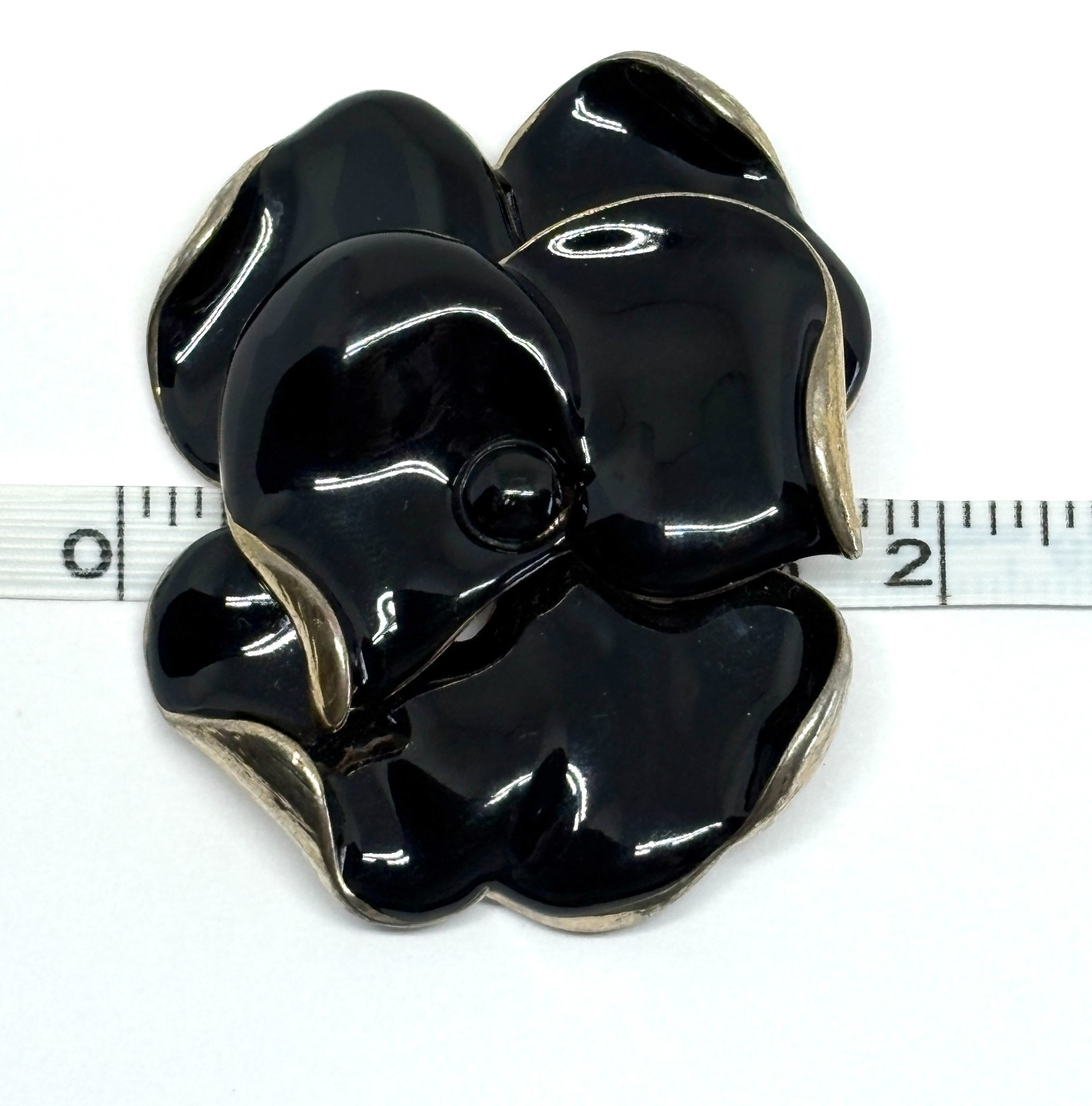 Large Black Enamel Gold Tone Flower Floral Camellia Pendant