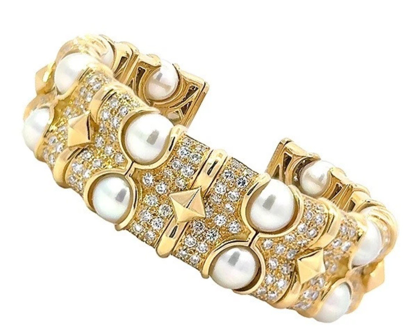 NWOT GOLD FAUX PEARL CRYSTAL 1″ TALL CUFF FLEXIBLE BRACELET DESIGNER STYLE