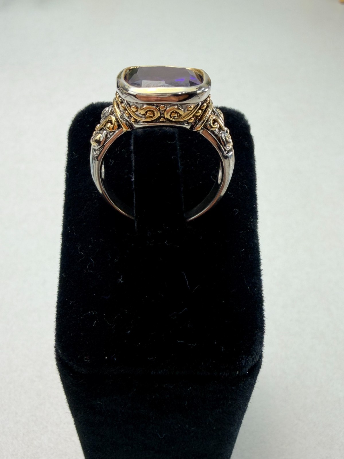 Bold Purple Crystal Ring Two Tone Statement Faceted Stone Size 10
