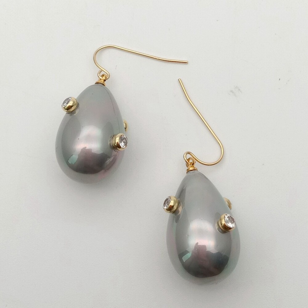 Grey Teardrop Sea Shell Pearl Cz Pave Gold Plated Hook Earrings