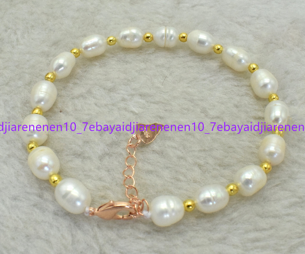 Natural 7-8/8-9/9-10mm White Pink Freshwater Rice Pearl Bracelet 7.5 in