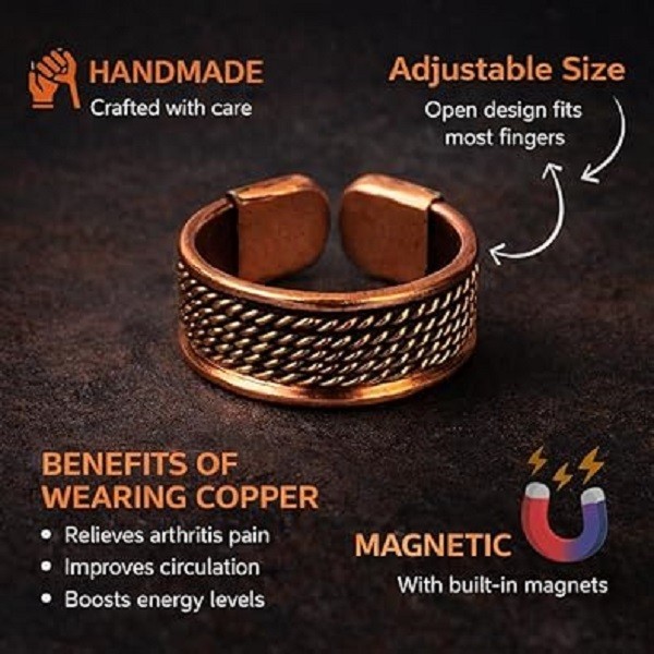 Solid Pure Copper Magnetic Adjustable Free Size Healing Ring, Handmade