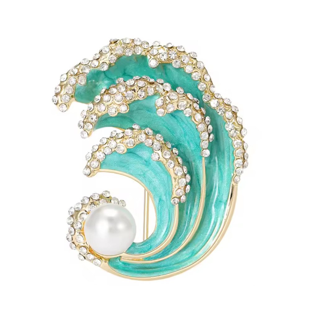 Gold Tone Ocean Wave Brooch – Pearl Rhinestone Nautical Pin, Summer Jewelry Gift