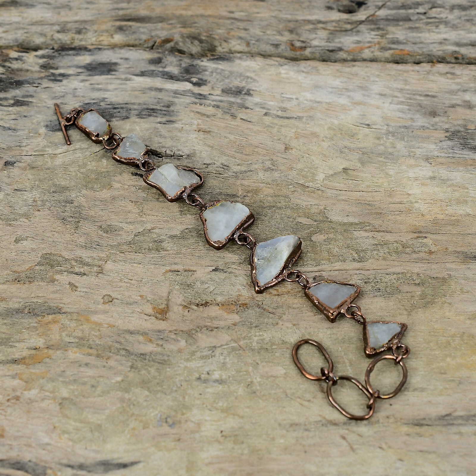 Rainbow Moonstone Rough Copper Mum Gift Electroformed Adjustable Bracelet 6.0″