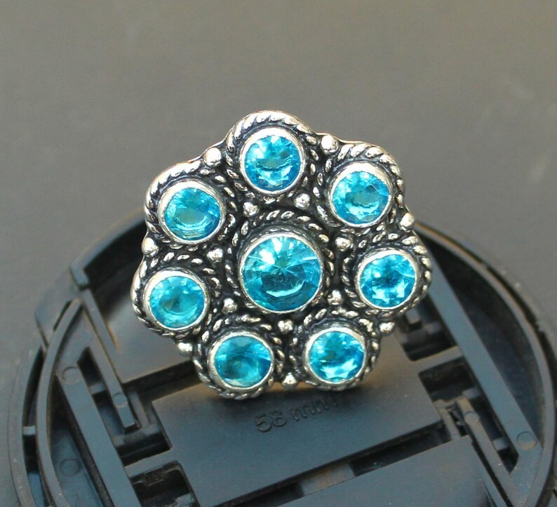 Blue Topaz Cluster Ring | Vintage Style Blue Gemstone | Statement Silver Ring