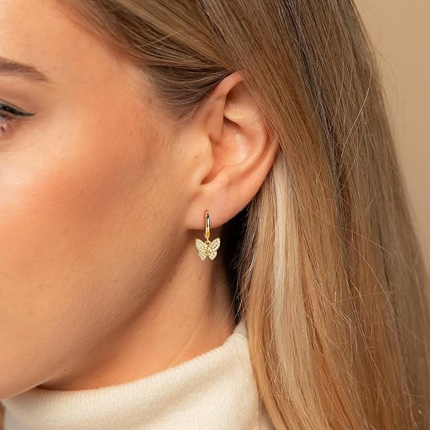 Aretes colgantes de mariposa con dije de mariposa, oro de 14K para mujeres