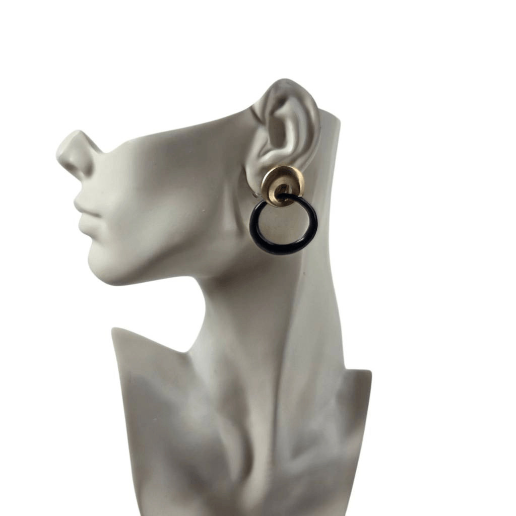 Vintage Matte Gold & Black Enamel Hoop Clip-On Earrings | 1980s