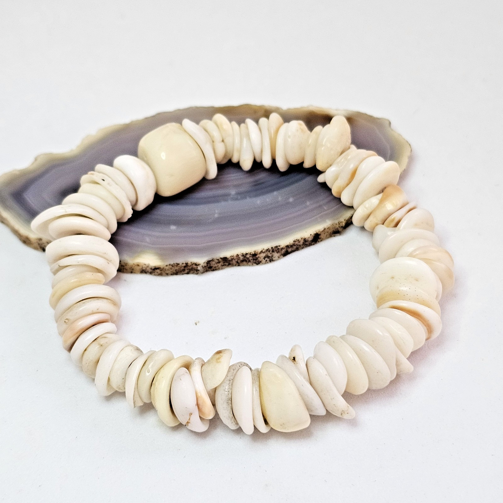 White Cream Natural Puka Shell Bracelet Coastal Stretch Stackable Bracelet B