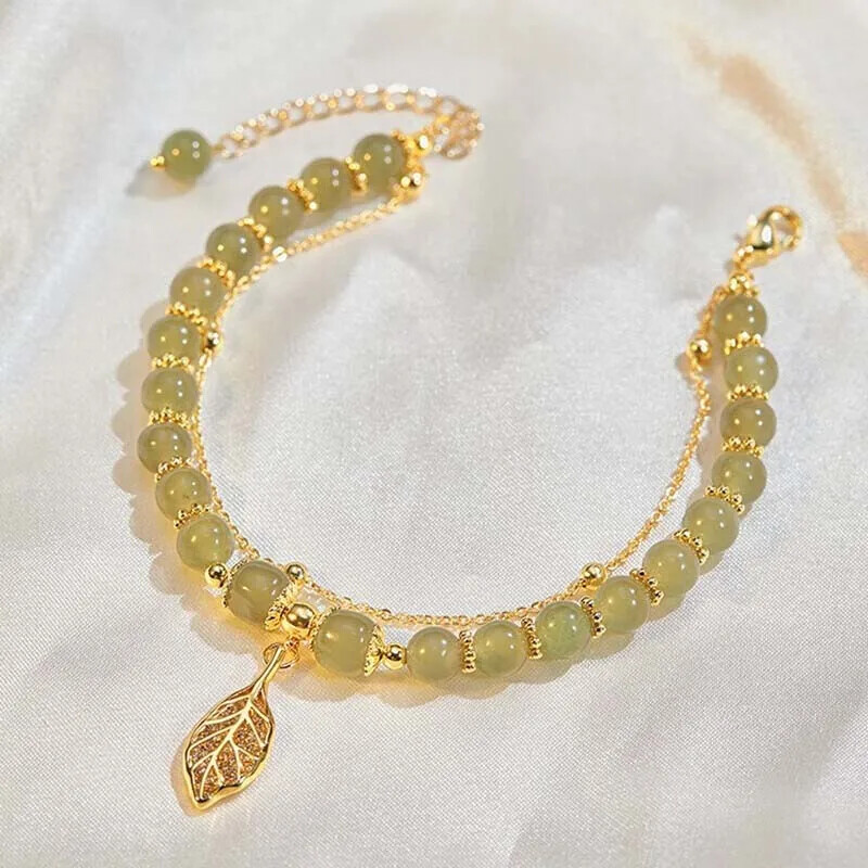 Chinese Green Hetian Jade Bracelet Retro Gold Leaf Beaded Bracelet Jewelry