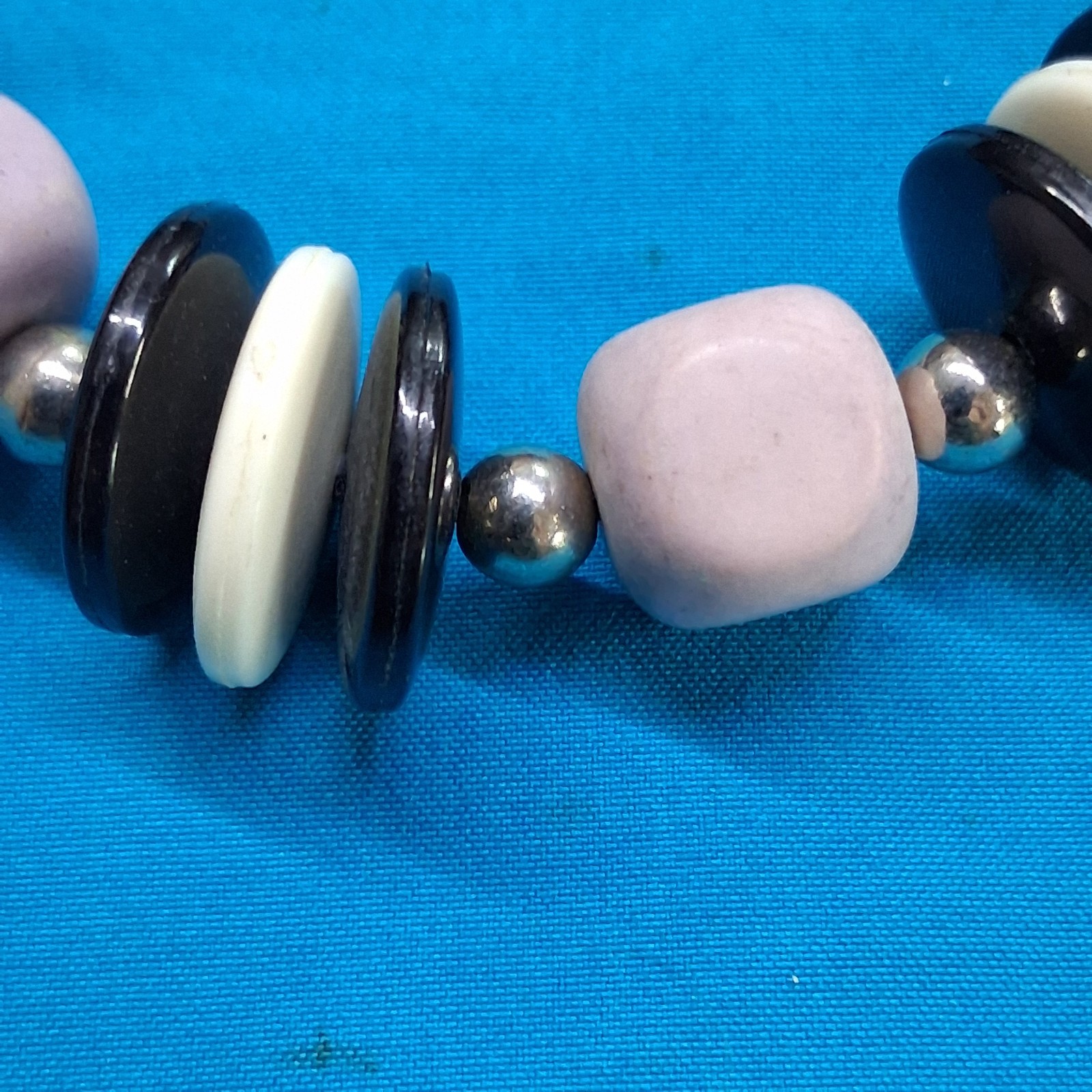 Vintage Purple Wood Bead Black & White Plastic Disc Collar Necklace