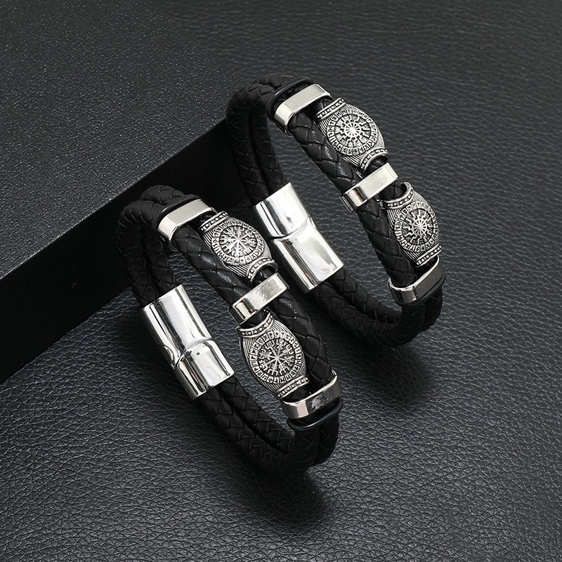 Men’s Black Leather Bracelet Multilayer Braided Rope Scripture Sun Vintage