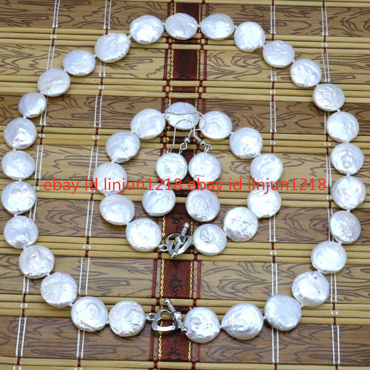 New 11-12mm White Coin Pearl Necklace Bracelet Earrings Set 18/7.5 in