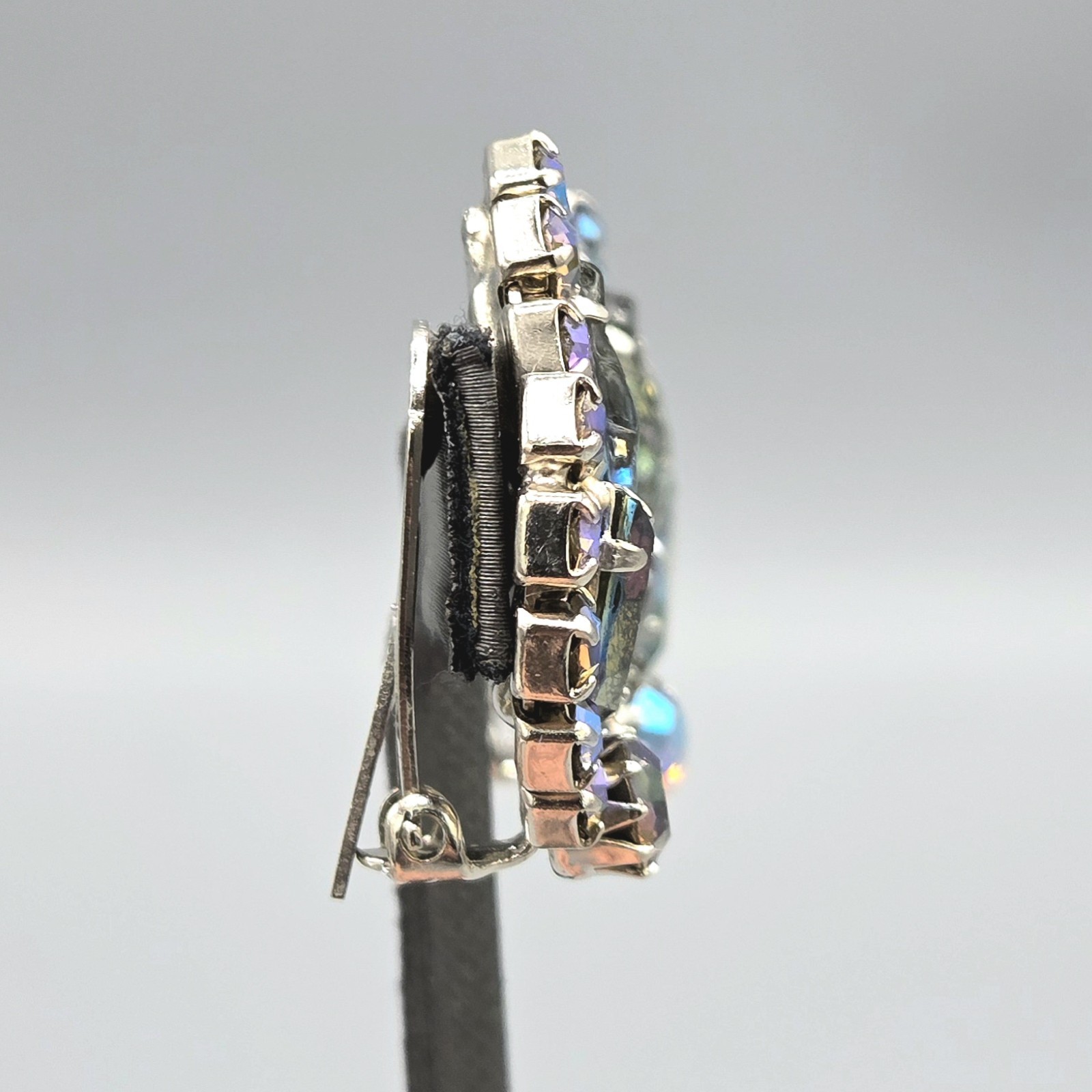 Unsigned Designer Smoke Gray AB Crystal Molded Leaf Clip Earrings