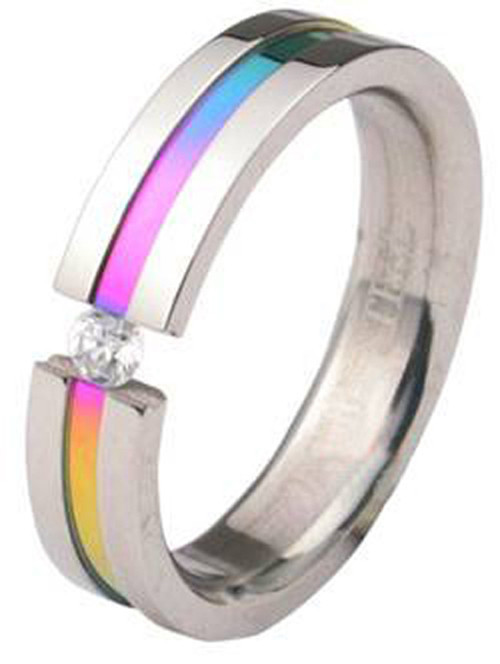 Pride Shack – Rainbow Anodized Tension CZ Ring LGBT Lesbian Gay Pride Ring Steel