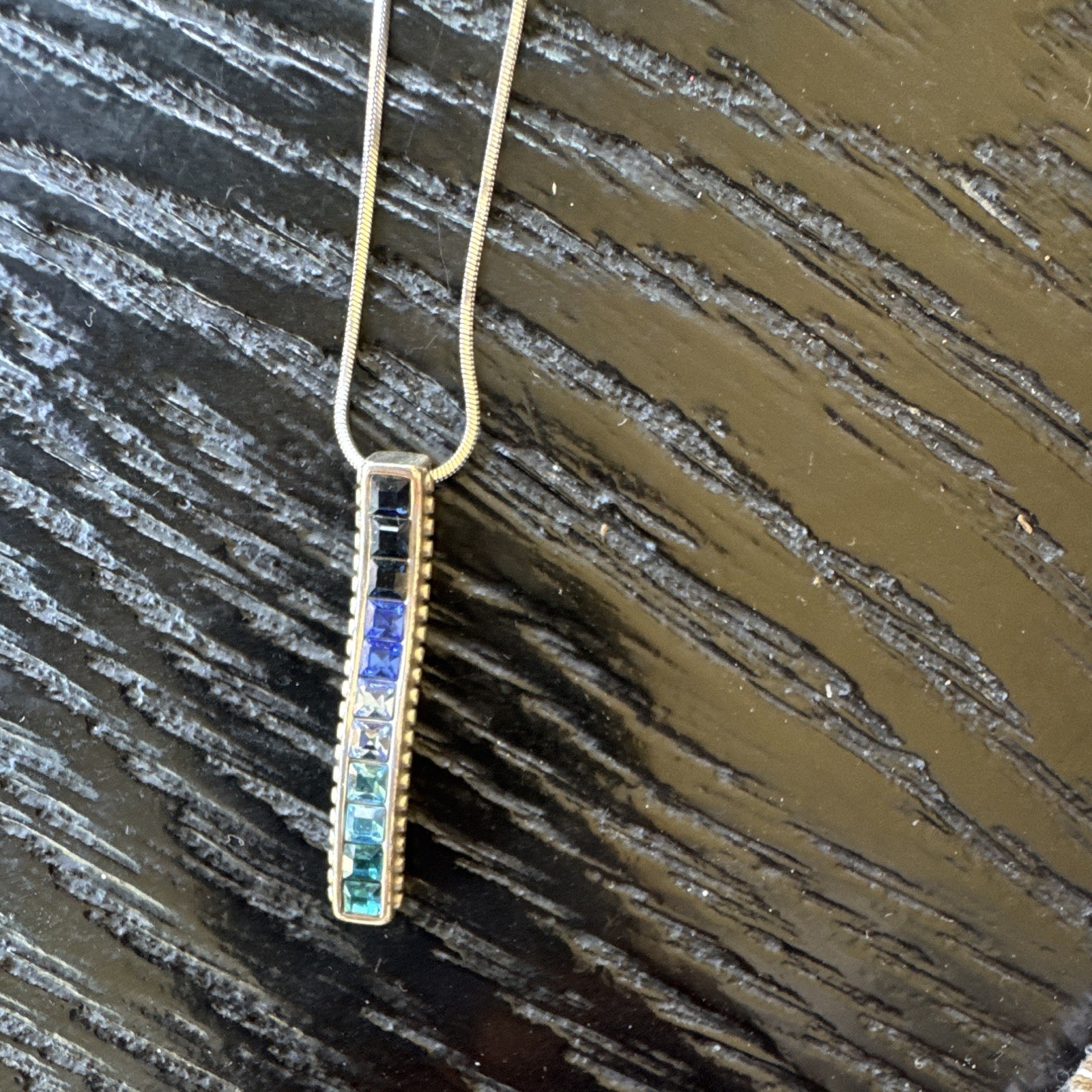 Brighton 18” Silver Tone Snake Chain Bar Pendant Necklace Blue Clear Crystals
