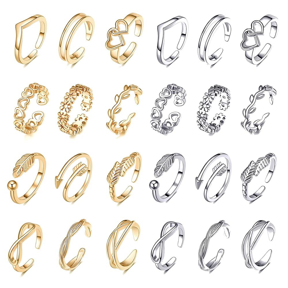 YVOETN 24Pcs Open Toe Rings Set for Women One Size, gold and silver