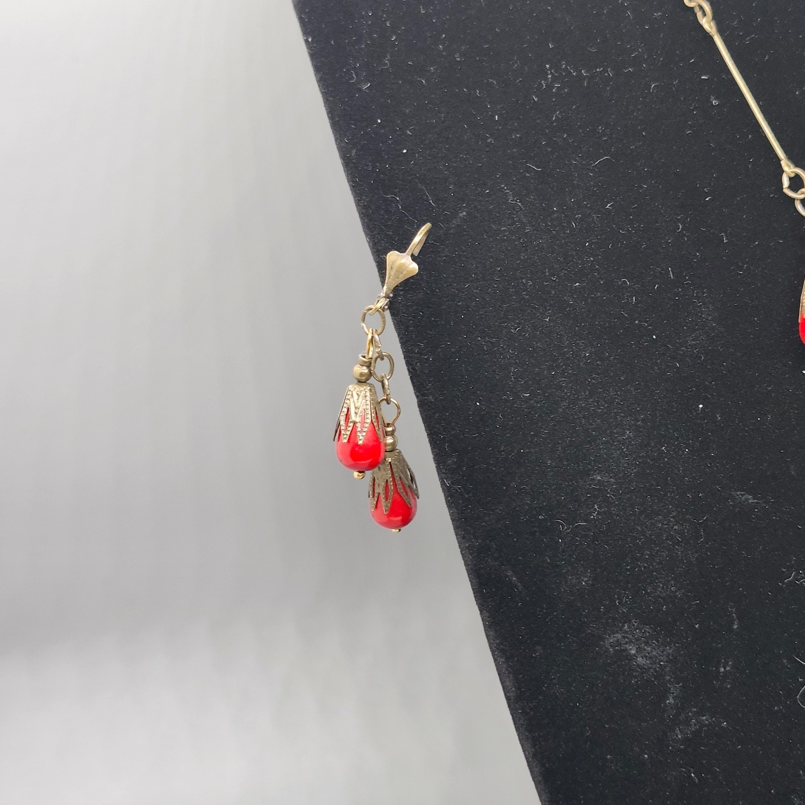 Art Nouveau Style Antiqued Brass Red Czech Glass Drop Necklace and Earring Set