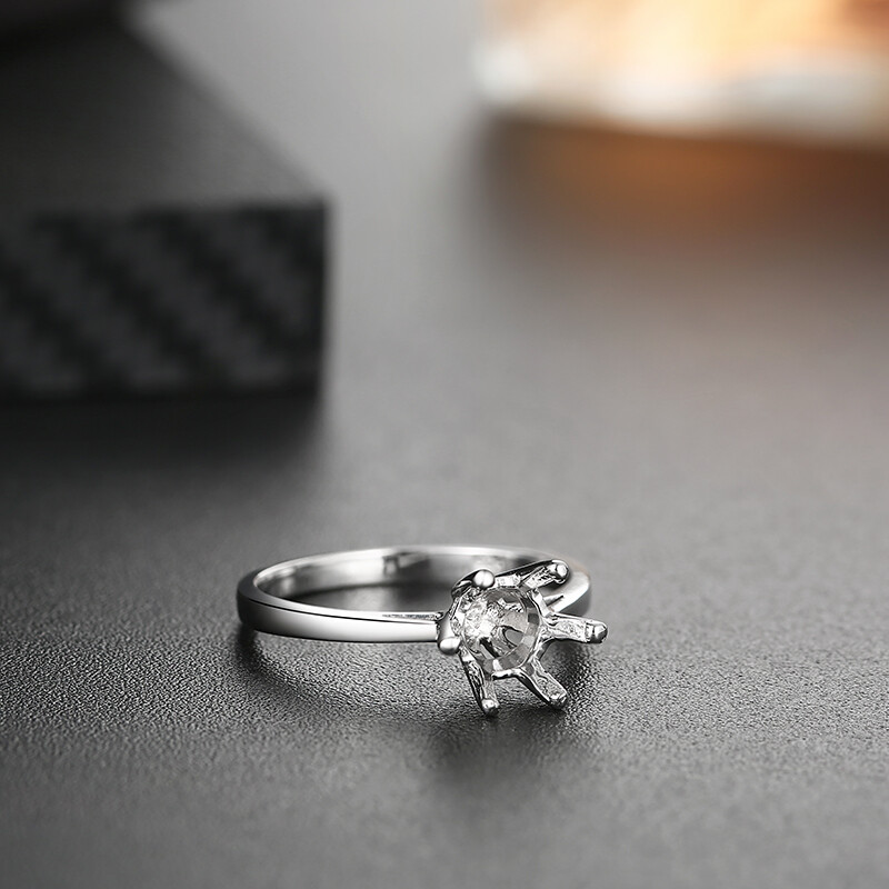 Prong Setting Round 7.5mm Semi Mount Empty Ring No Plated Sterling Silver 925