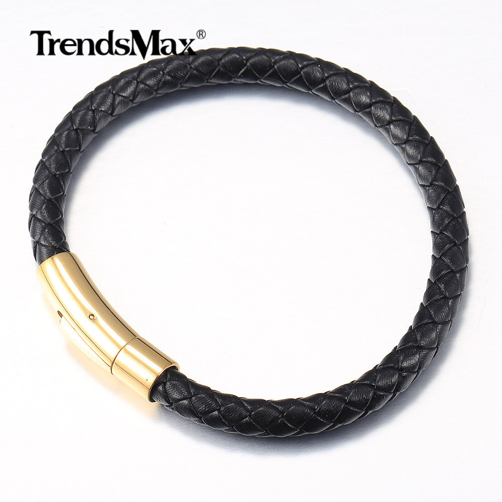4/6mm Red/Brown/Black Braided Leather Rope Bracelet Stainless Steel Gold Clasp