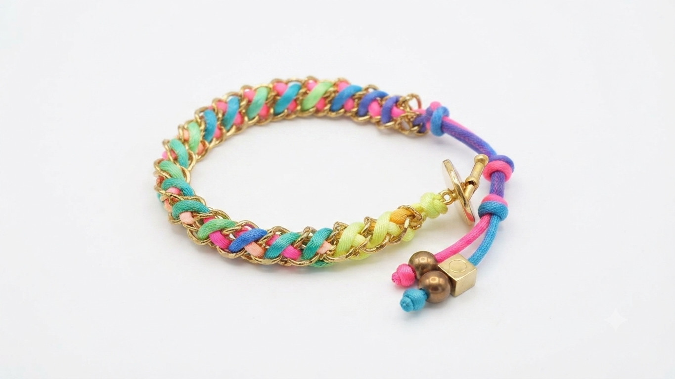 Colorful Woven Chain Bracelet Neon Rope Gold Tone Adjustable Boho Jewelry Gift