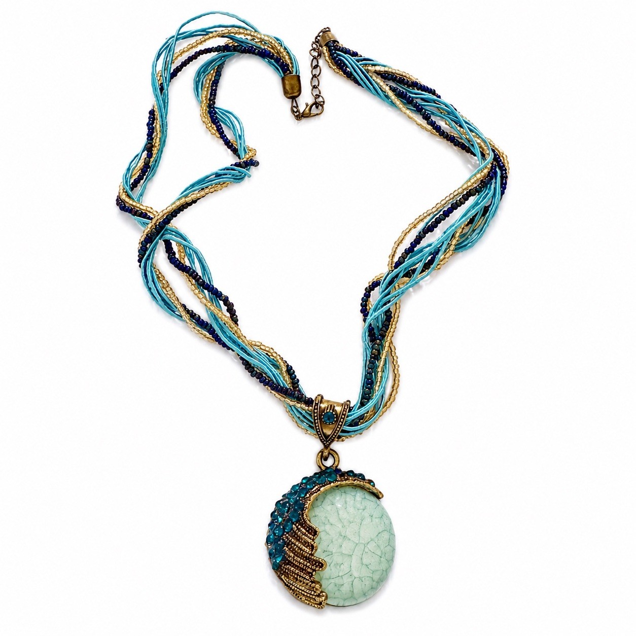 Bohemian Peacock Statement Necklace Blue Turquoise Gold Rhinestone Multi Strand