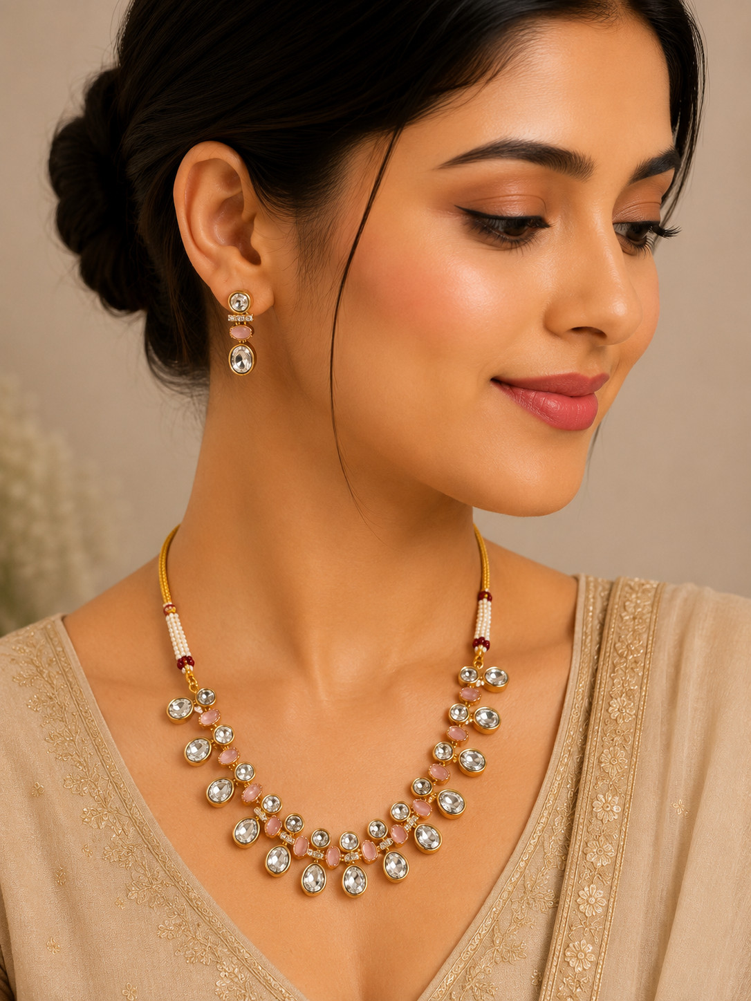 Pink Stone Necklace Earrings Set Indian Wedding Statement Jewelry Women 136