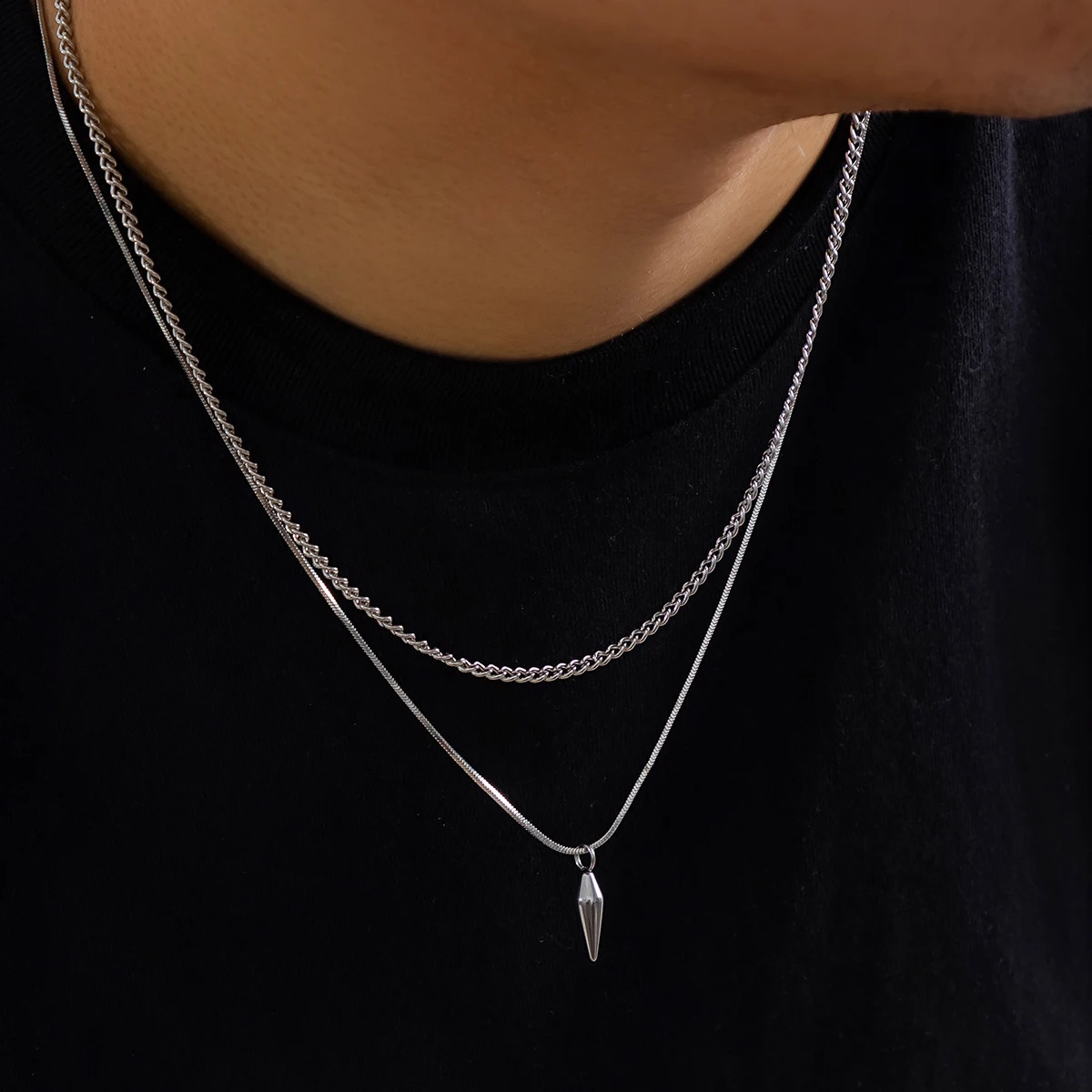 2Pcs/Set Stainless Steel Metal Rivet Pendant Thin Snake Chain Necklace for Men P
