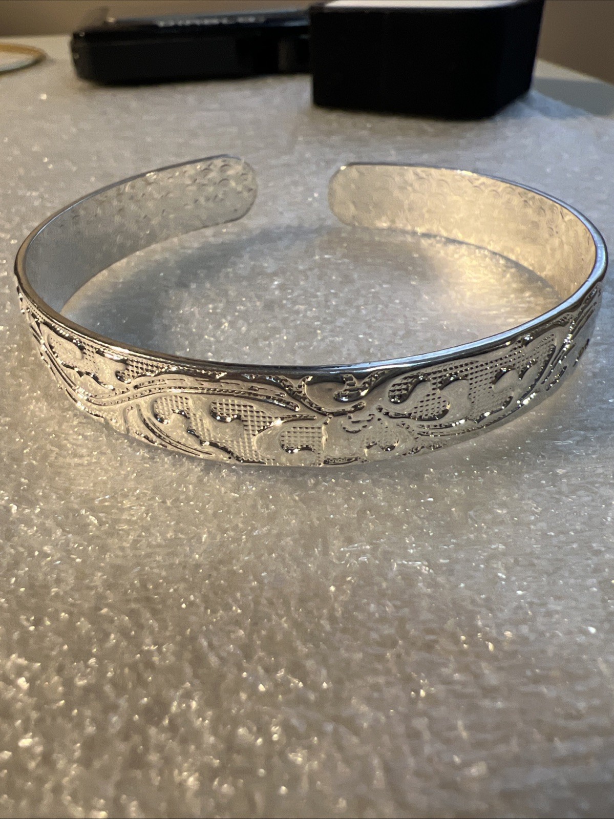 Silver Cuff Bracelet Beautiful Pressed Etched Floral Ornate Design