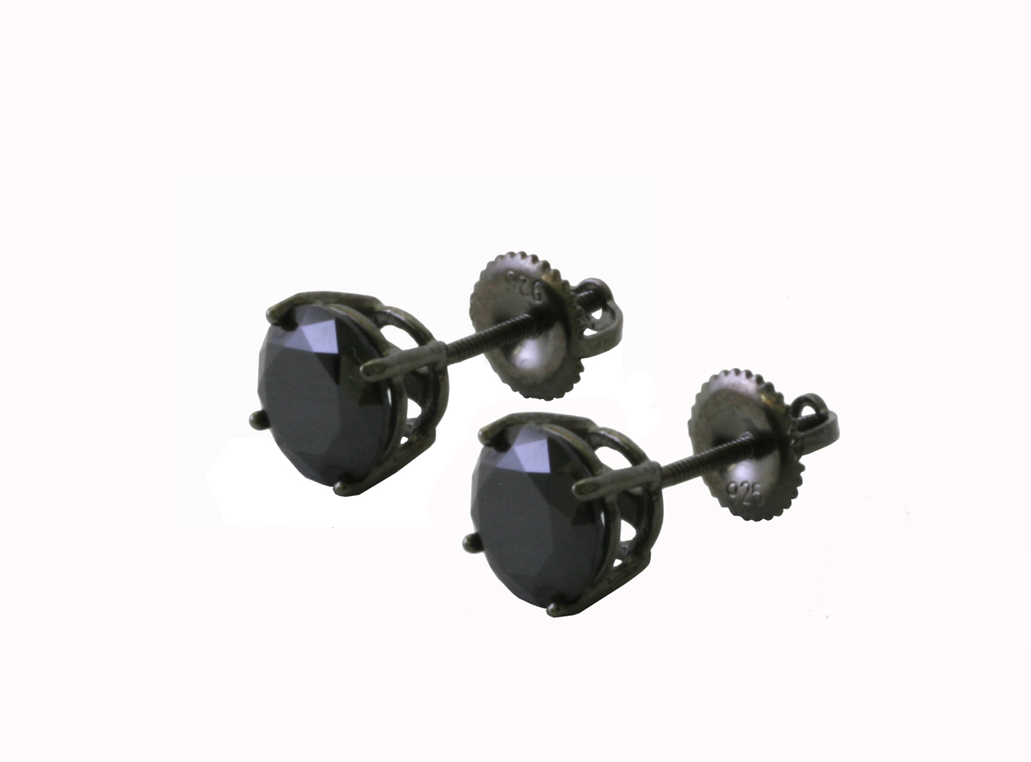 Black Round Onyx Cz On Black 925 Sterling Silver Screw Back Stud Earrings