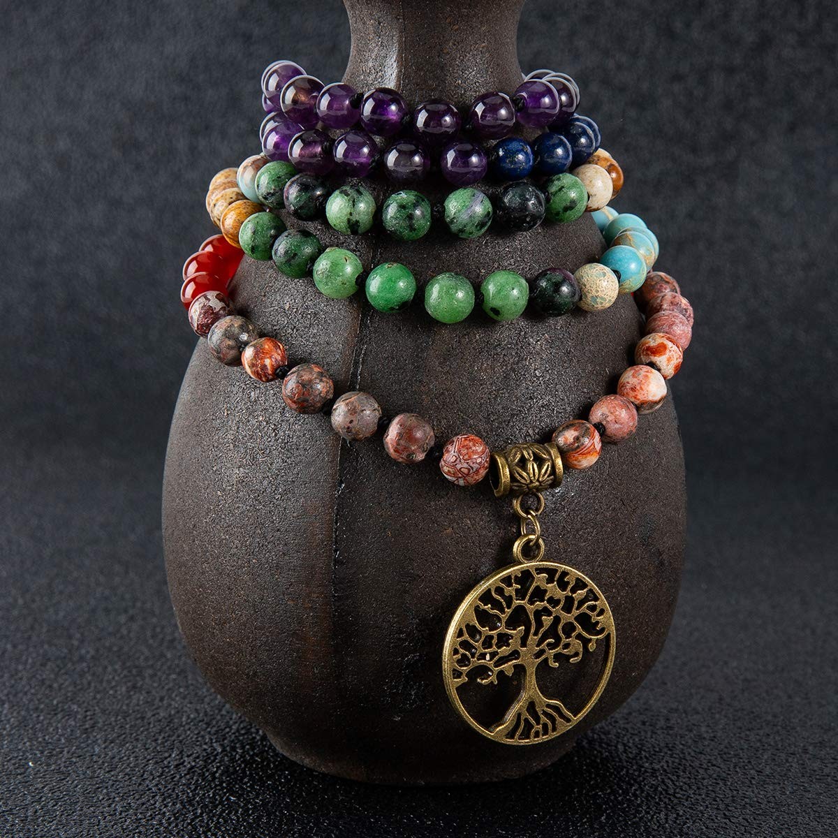 7 Chakra 108 Mala Beads Bracelet Real Gemstone Yoga Meditation Hand Knotted M…