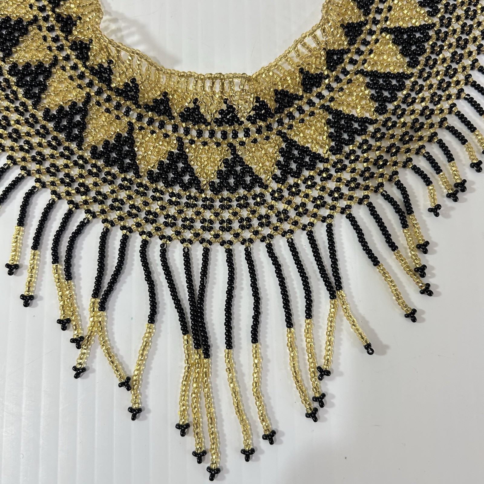 Handcrafted Sead Bead Collar Choker Necklace Black Gold Fringe Statement Jewelry