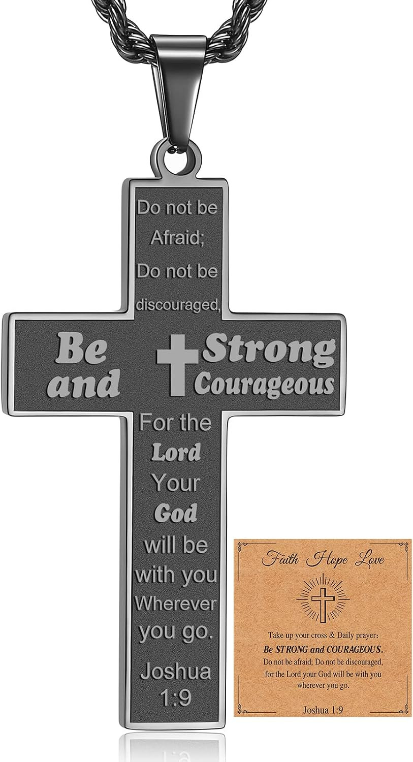 Bible Verse Cross Necklace for Men, Pendant Rope Chain for Baptism, Confirmation