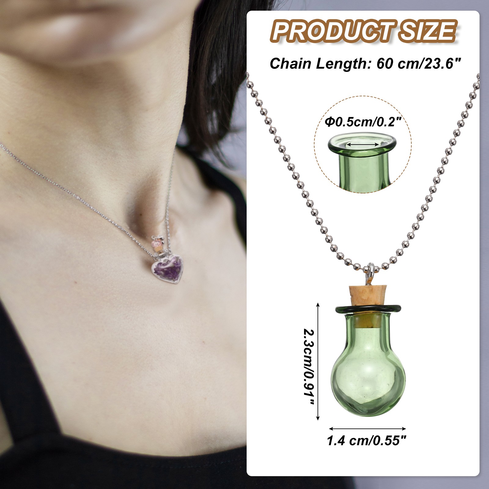 23mm Vial Necklace with Cork Stoppers Black Velvet Bag, Ball Shaped, Green