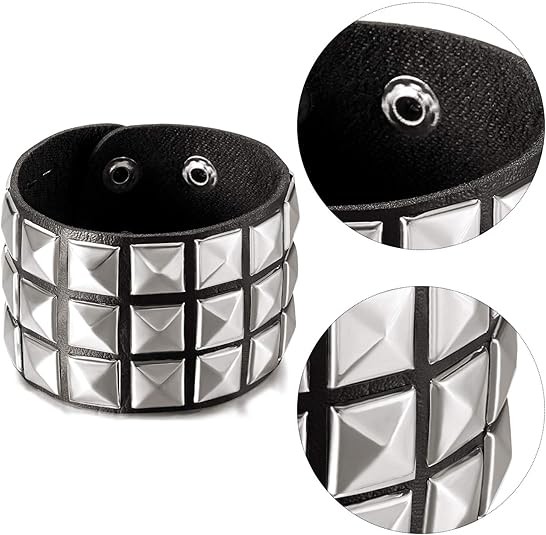 3 Pcs Spiked Studded Bracelet Black Leather Rivet Punk Cuff Wrap Bangle Biker