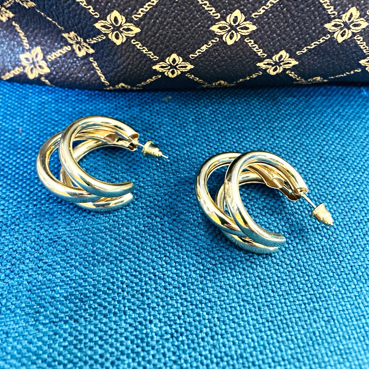 GoldTone Alloy Metal Bold Chunky Triple Tube Hoop Lightweight Earrings for Women
