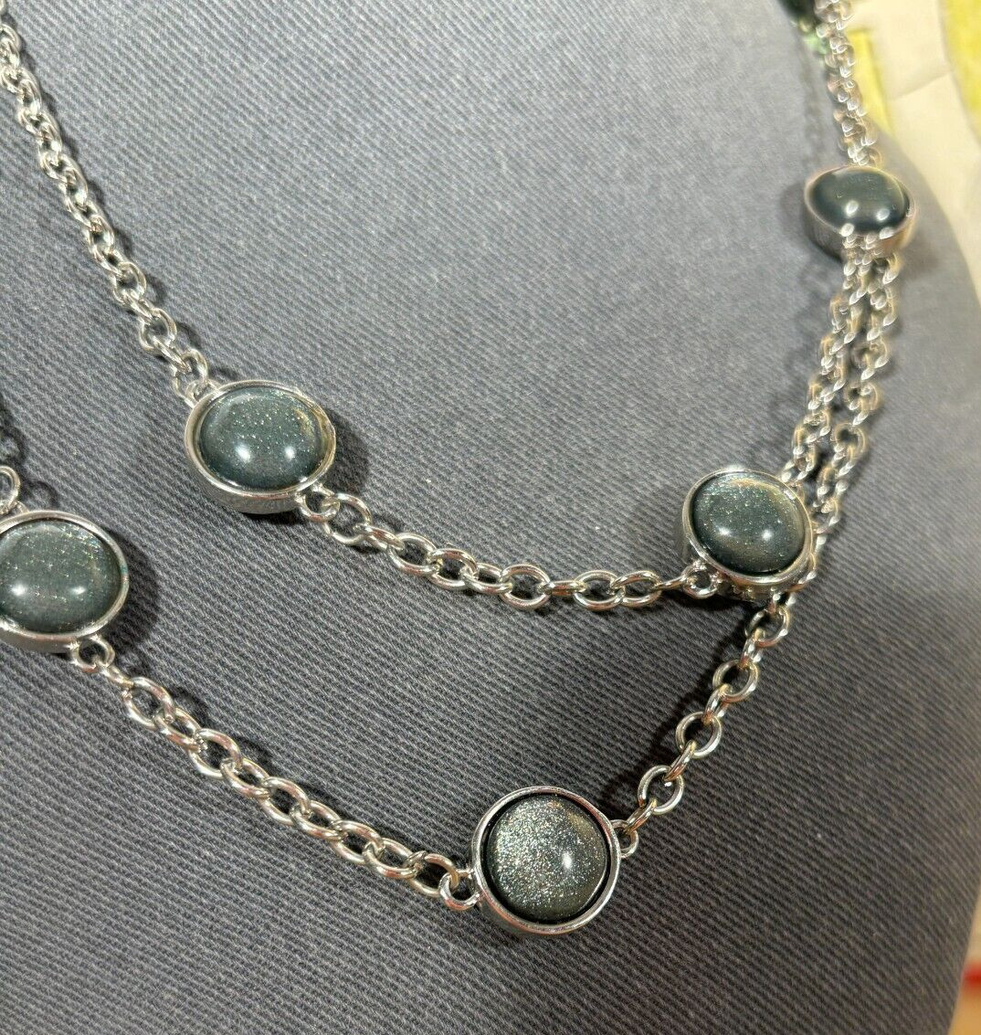Single Strand Silvertone Station Necklace Double Sided Glass Cabochons, 36″