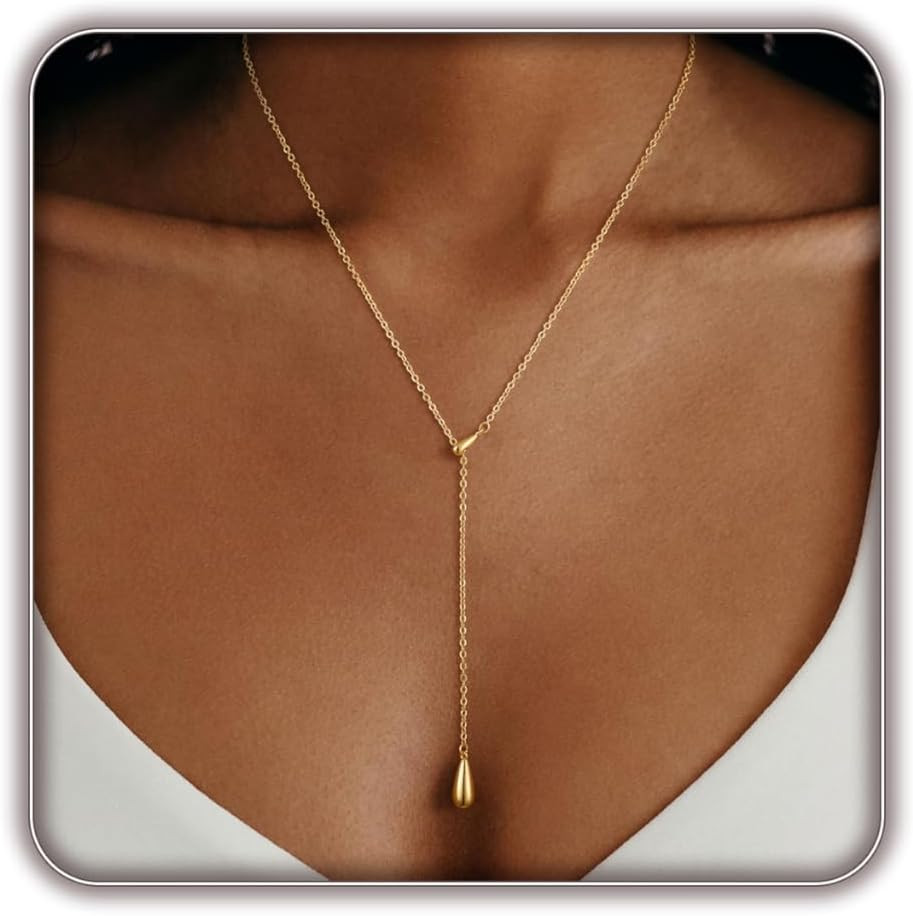 14K Gold Plated Layered Lariat Necklace for Women – Waterproof Non-Tarnish Daint