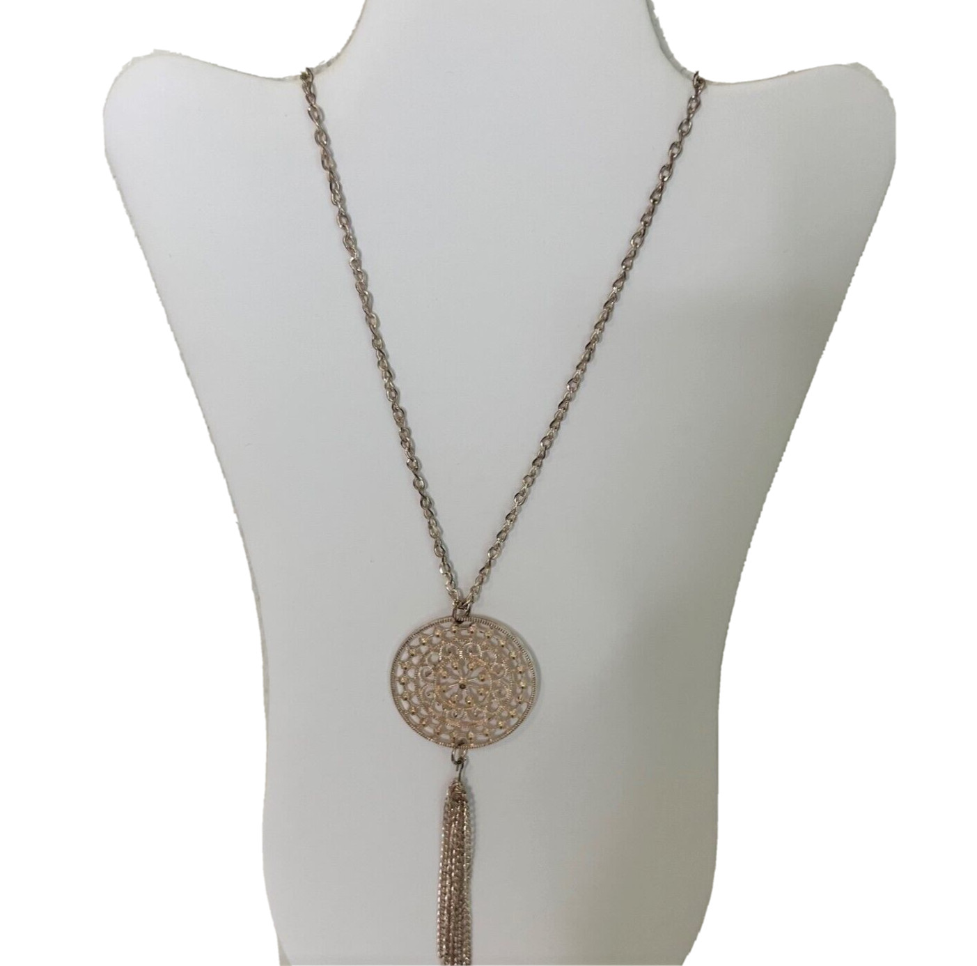 Gold Tone Filigree Medallion Tassel Necklace 32″ Long Boho Statement Pendant
