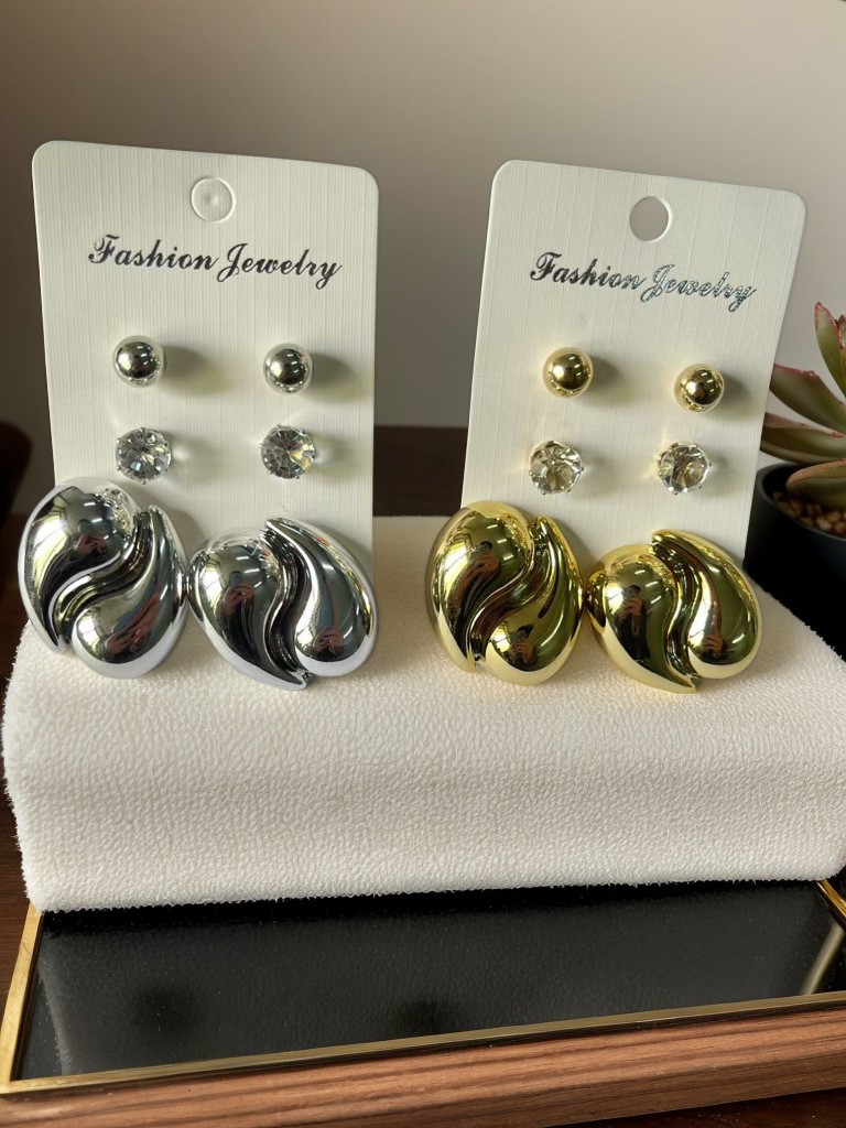 Women’s 2Pcs Silver Gold Tone Metallic Geometric Earrings Fashion Statement