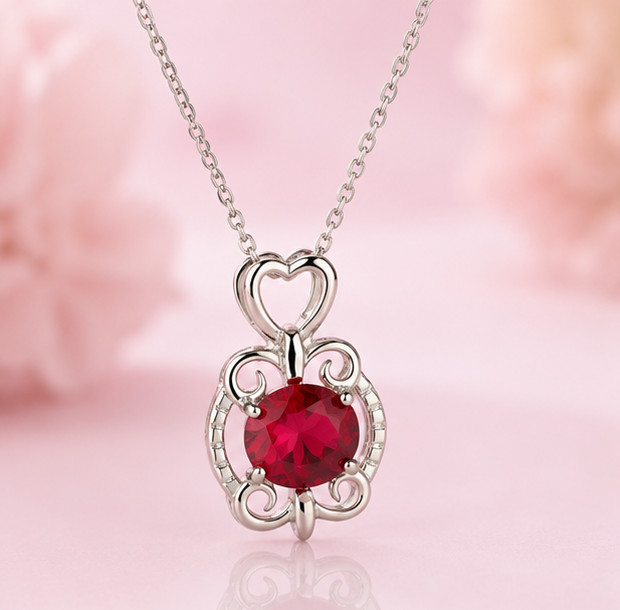 1.0Ct Sparkling Round Cut Simulated Ruby Heart Pendant–925 White Sterling Silver