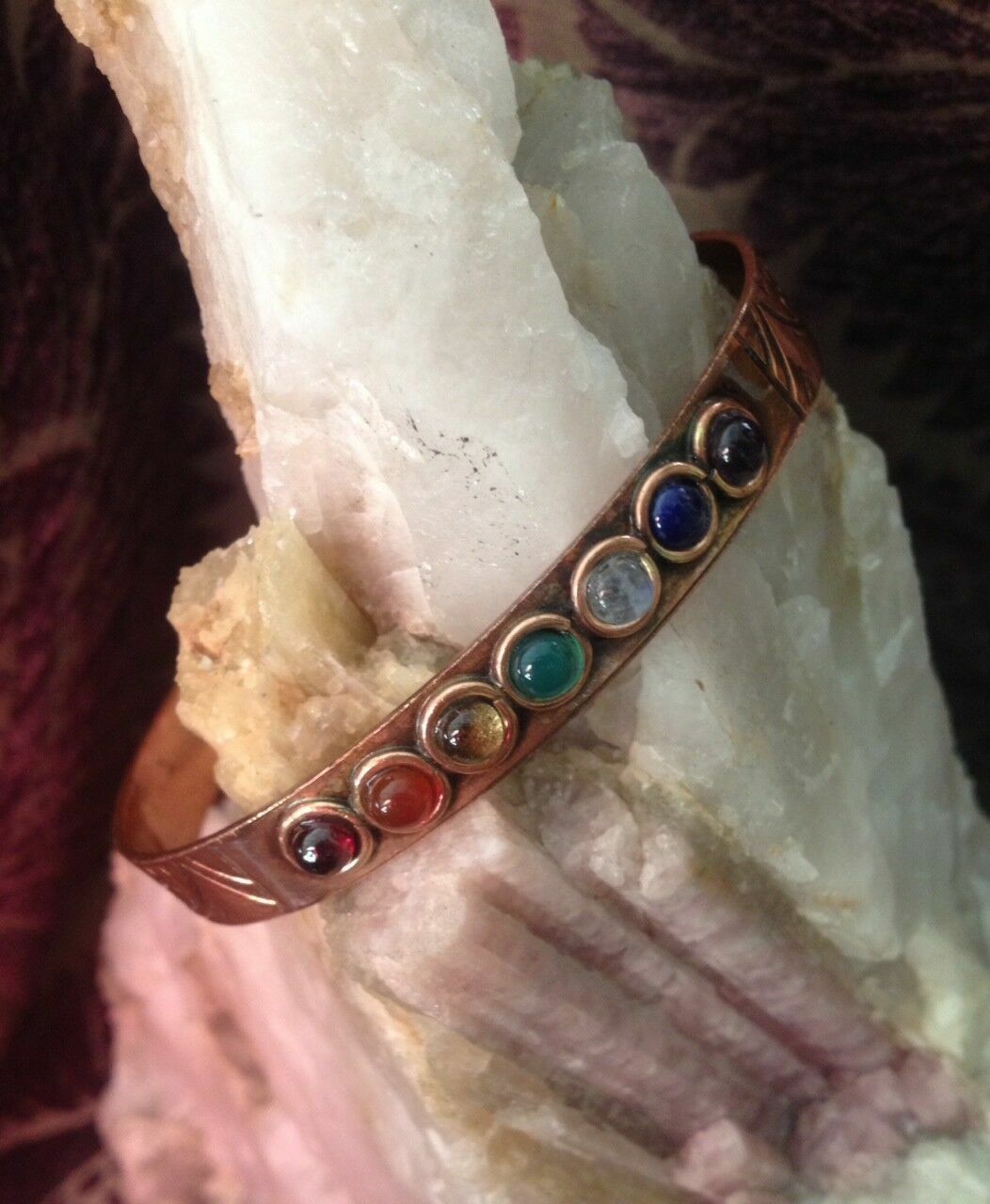 Copper 7 Chakra Crystal Bracelet Adjustable Magnetic Cuff Reiki Healing Gemstone