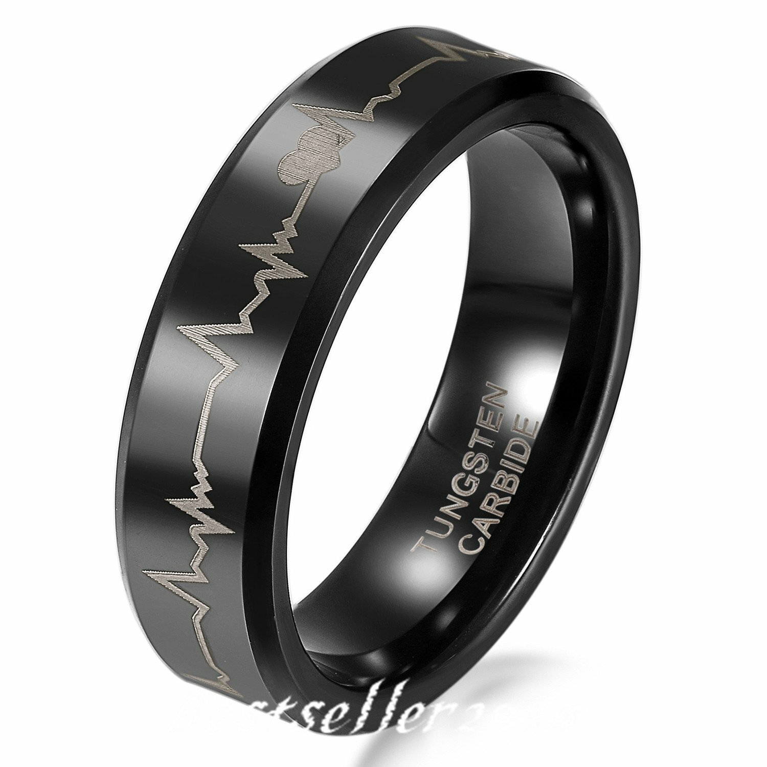 Men Women Tungsten Carbide Laser EKG Heartbeat Comfort Fit Ring Wedding Band