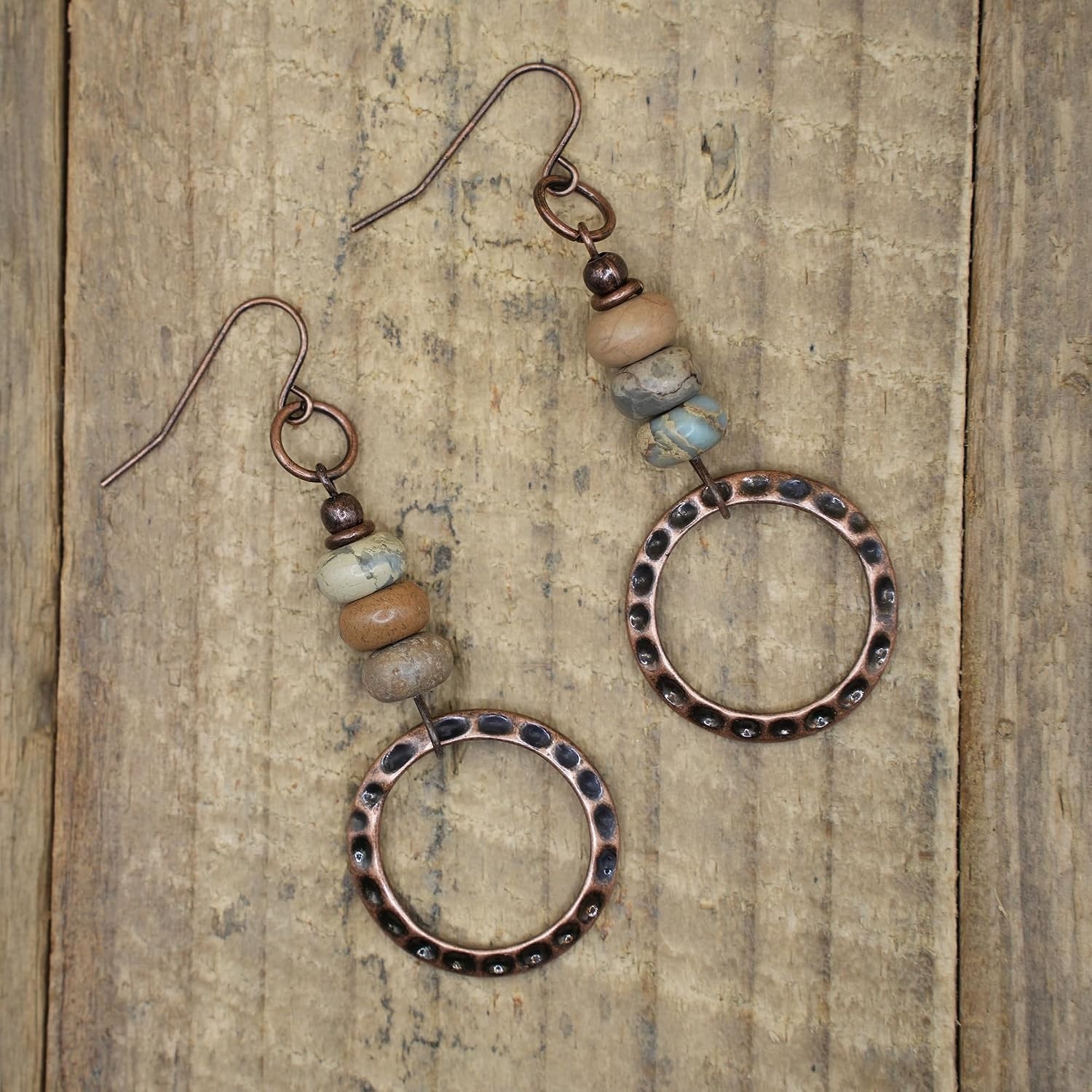 Unique Dangle Bohemian Earrings: Hammered Copper with Earthy Gemstone Accents